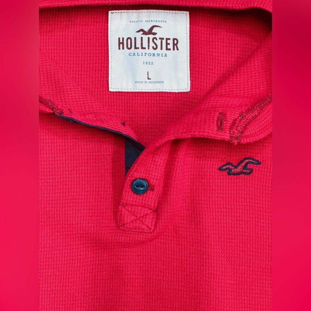 HOLLISTER‎ Red Waffle Henley Long Sleeve Shirt Large With Logo - Picture 5 of 6